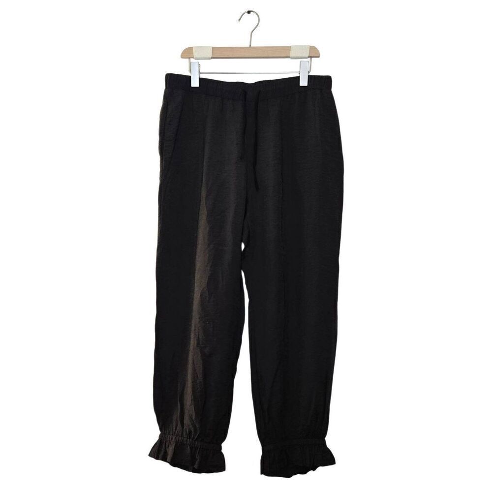 Lacausa Cropped Pants Size Large Ruffle Cuffs Thin Black Drawstring